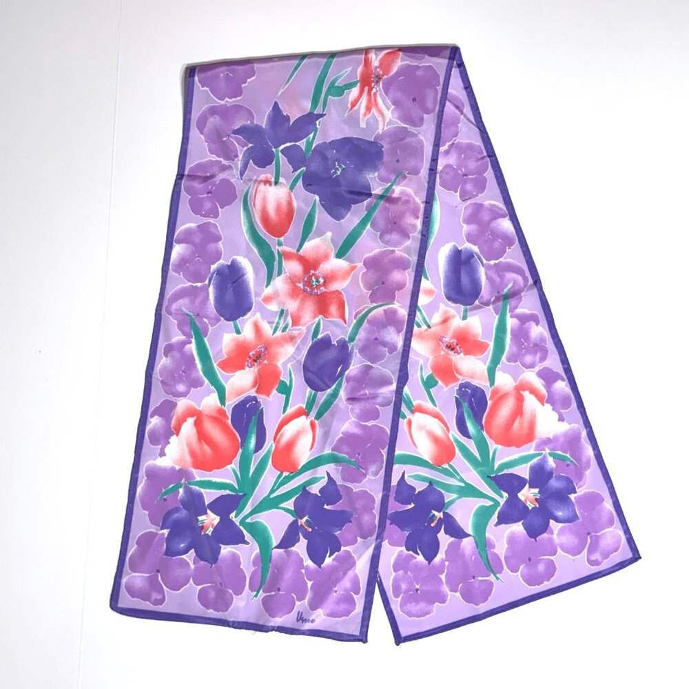 Vtg Vera Neumann Floral Silky Rectangle Scarf Tulips Purple Pink Large Scale - Picture 3 of 7